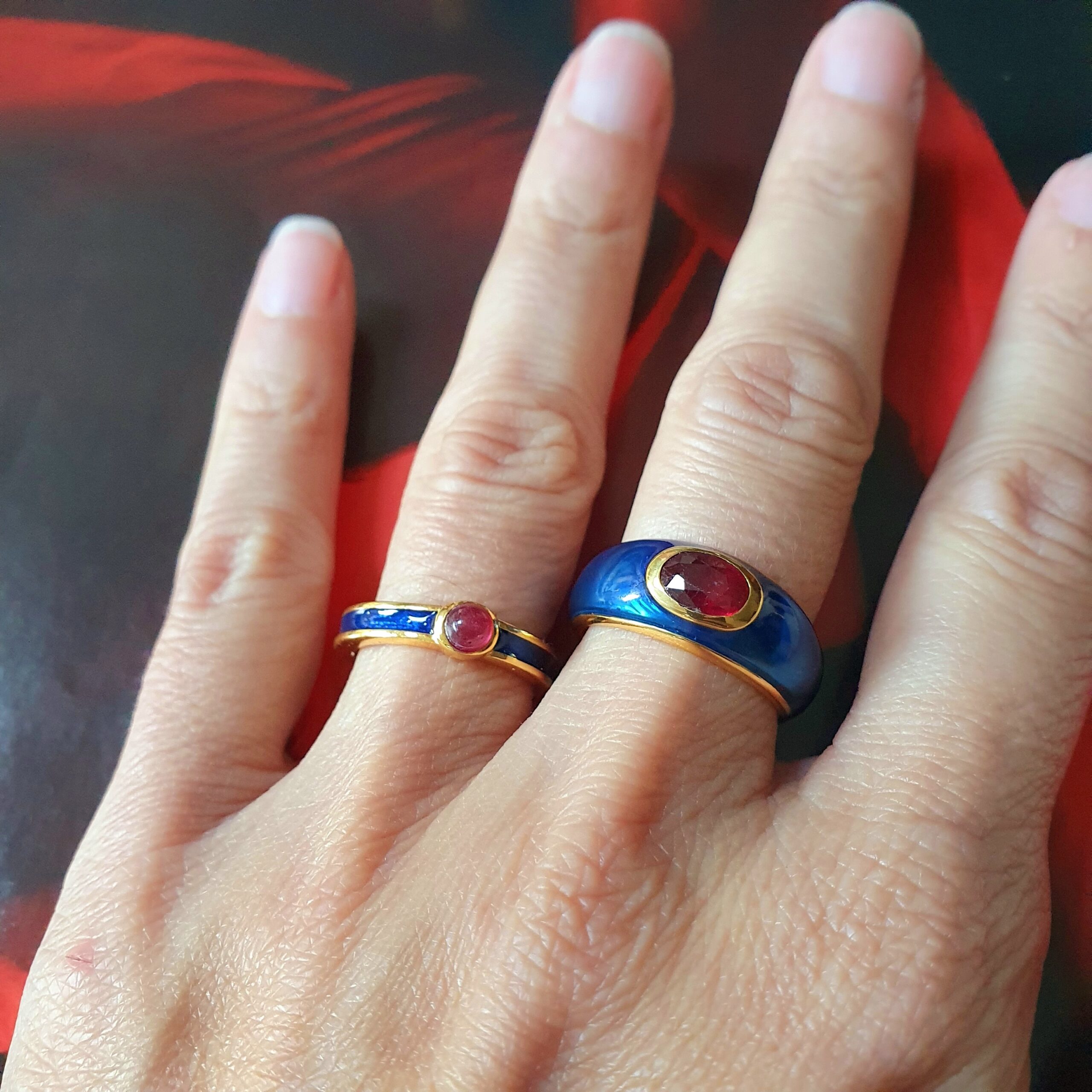 Bague fine émail bleu et bague Leinie émail bleu
