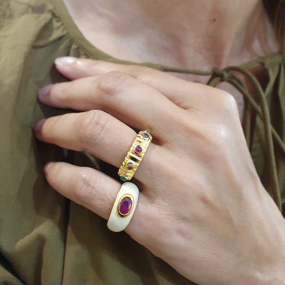 Bague striée émail blanc, bague Leinie émail blanc