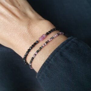 Bracelet spinelle noire et rubis rose, bracelet rhodochrosite
