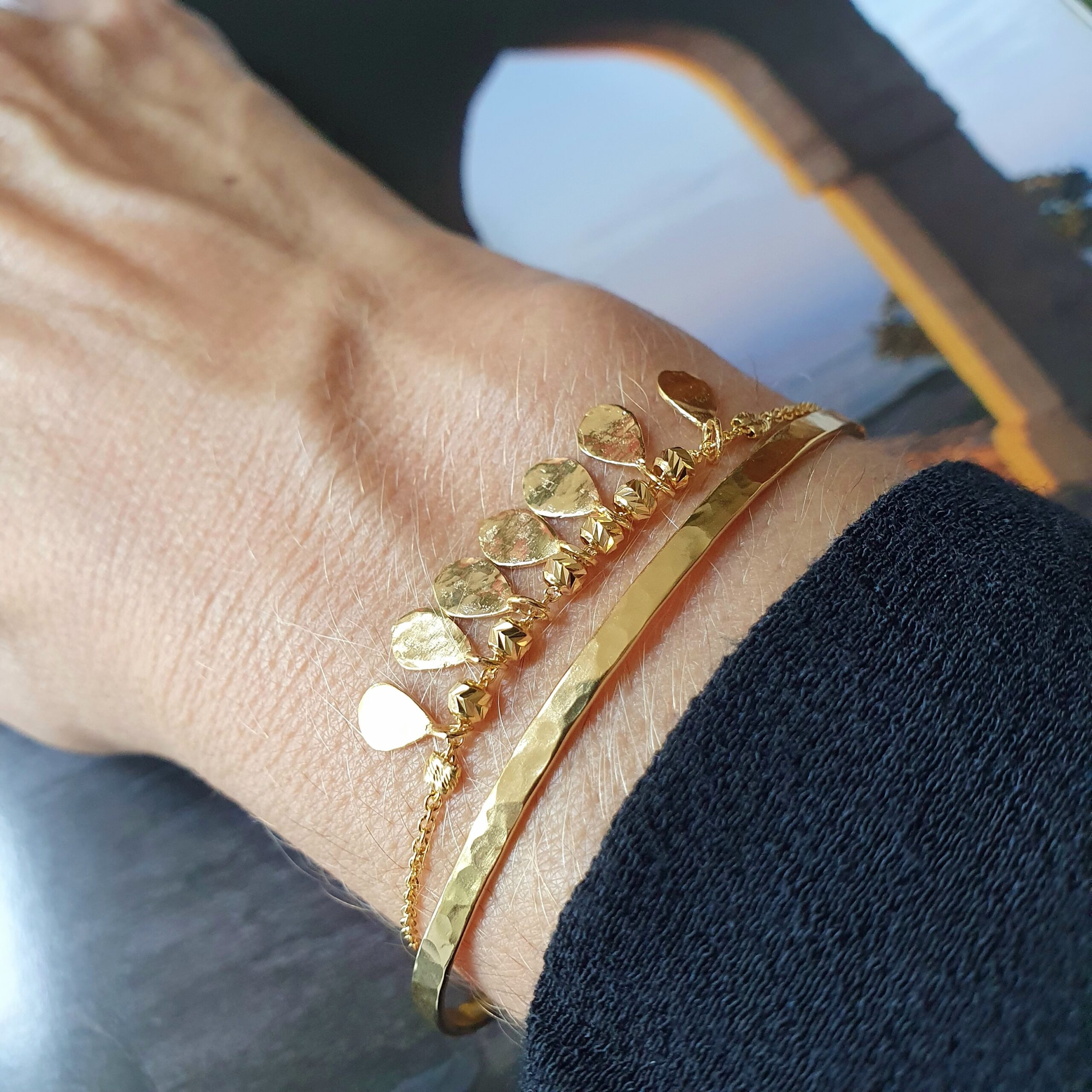 Bracelet Marquise et bangle martelé 2,5 mm