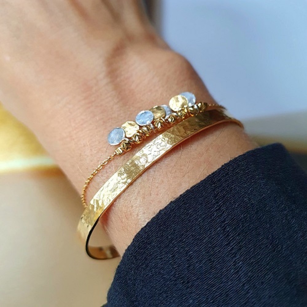 Bangle martelé 5 mm et bracelet bicolore argent et or