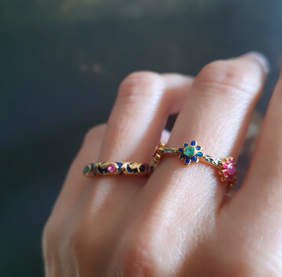 Bague 6 fleurs et bague Esmée émail bleu