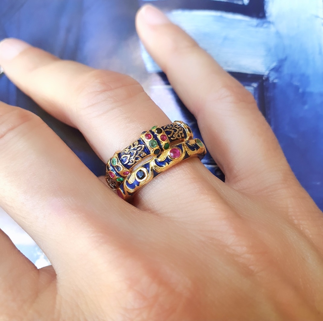 Bague Esmée émail bleu et bague Jasmine émail bleu