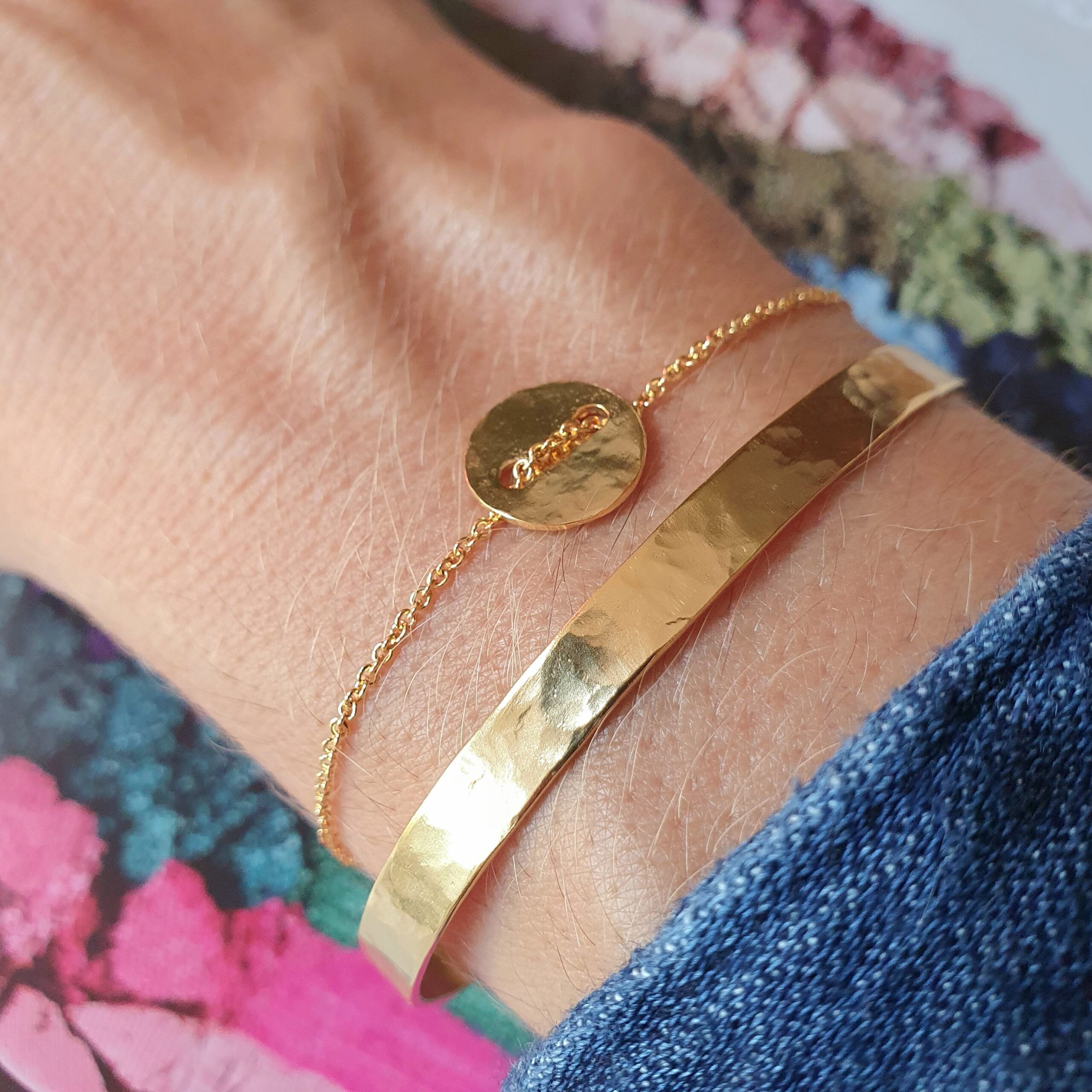 Bracelet mini rond et bangle martelé 5 mm