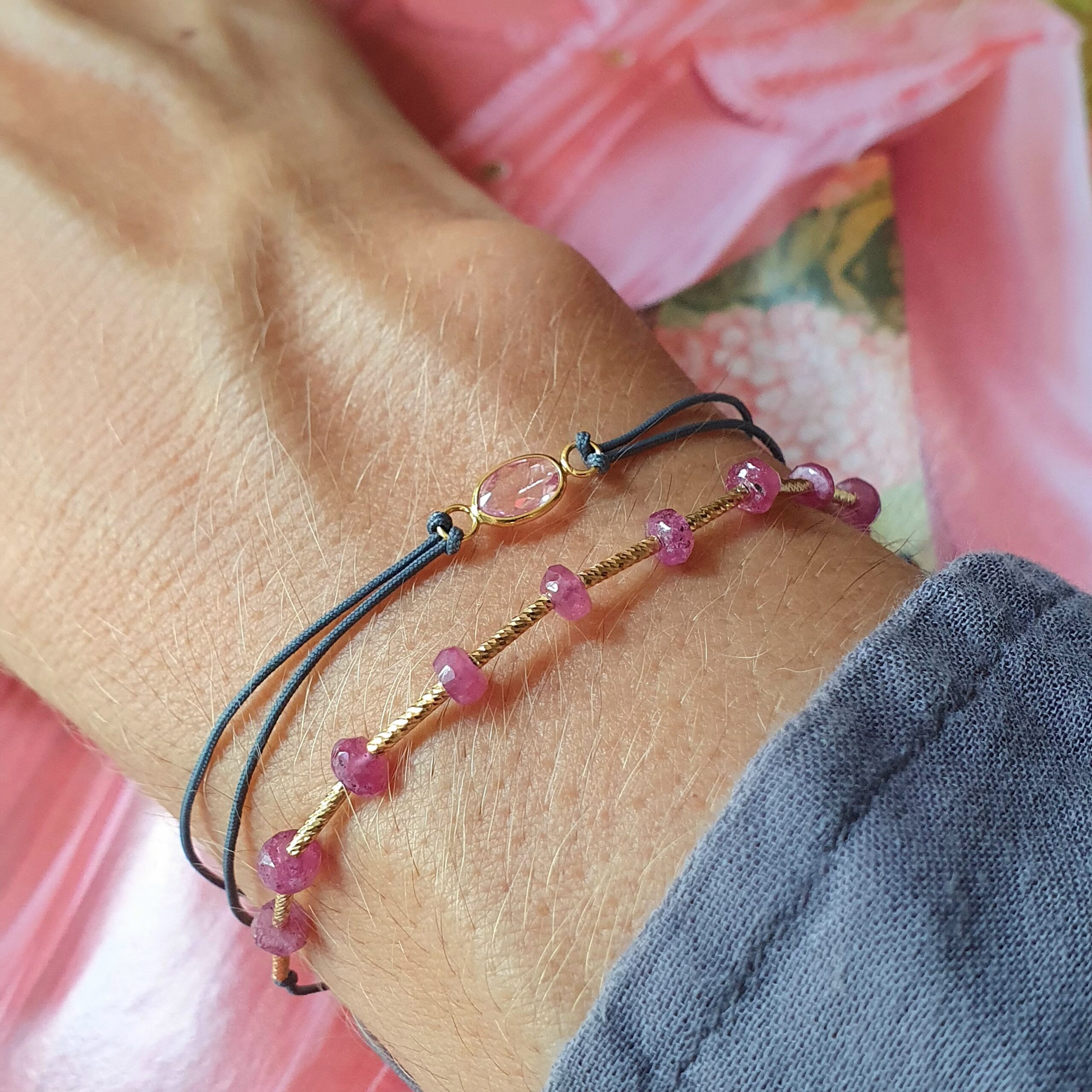 Bracelet cordon gris saphir, bracelet tube rubis rose