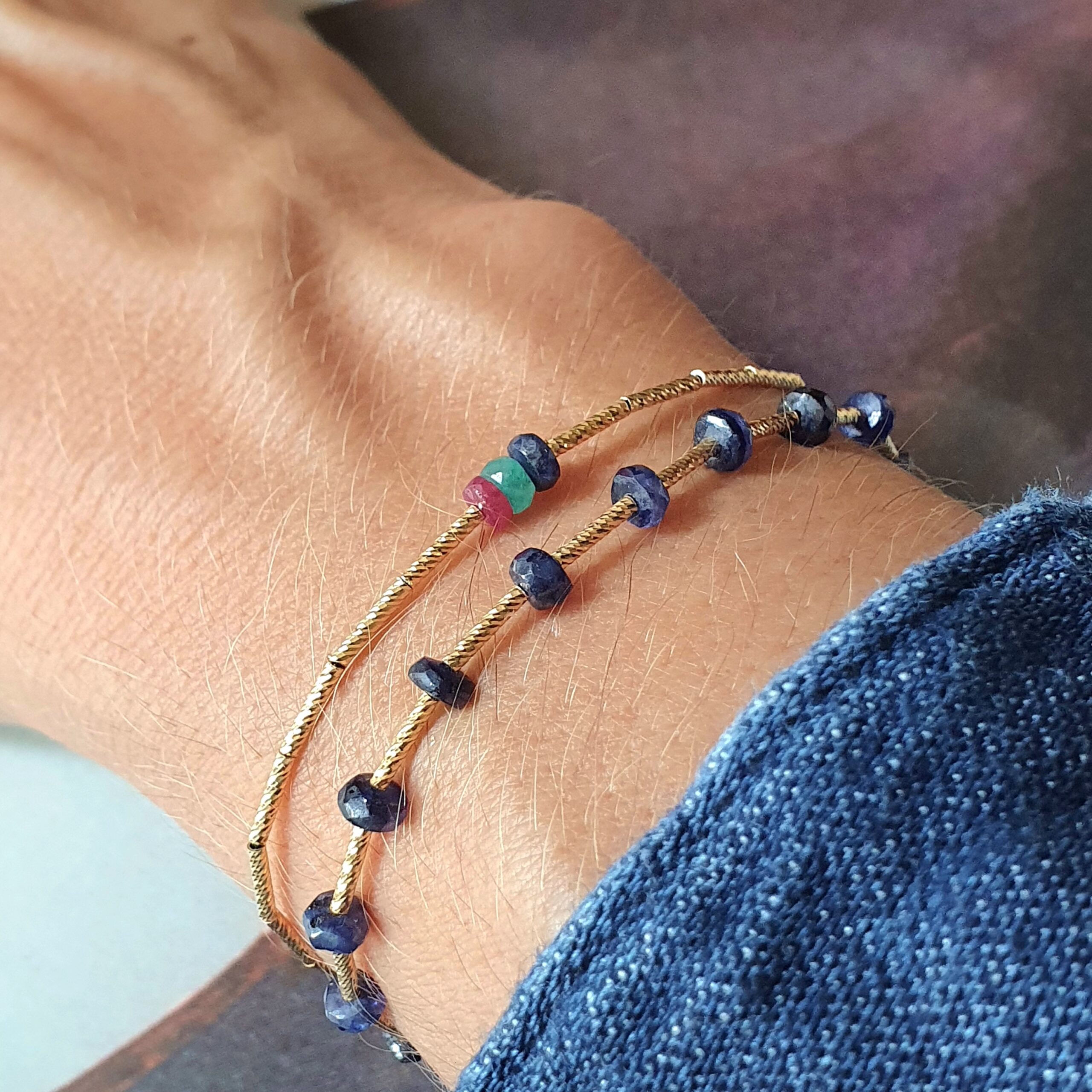 Bracelet tube émeraude rubis saphir, bracelet tube saphir bleu