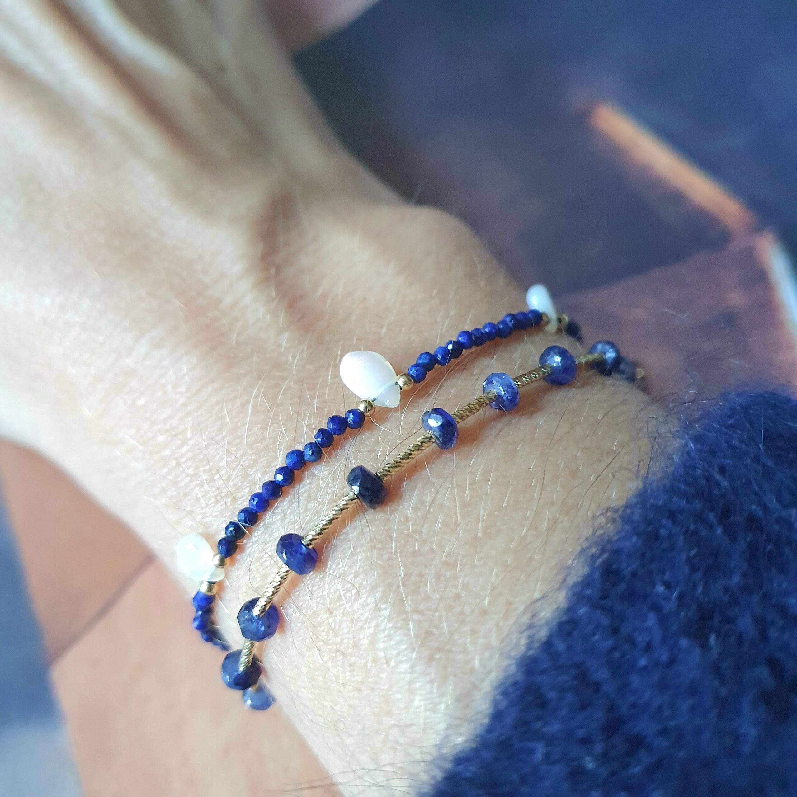 Bracelet lapis et opales, bracelet tube saphir bleu