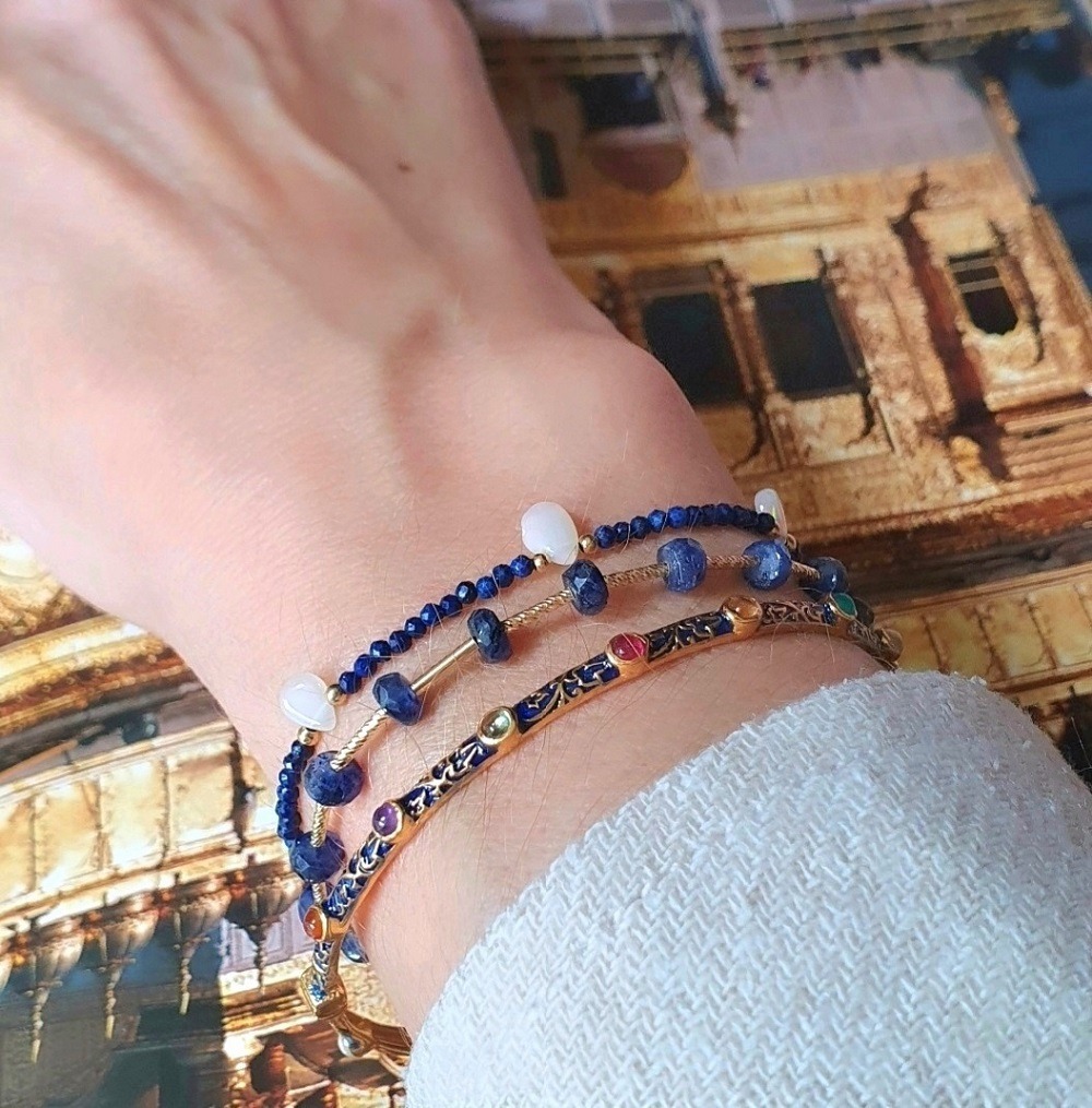 Bracelet lapis et opales, bracelet tube saphir bleu