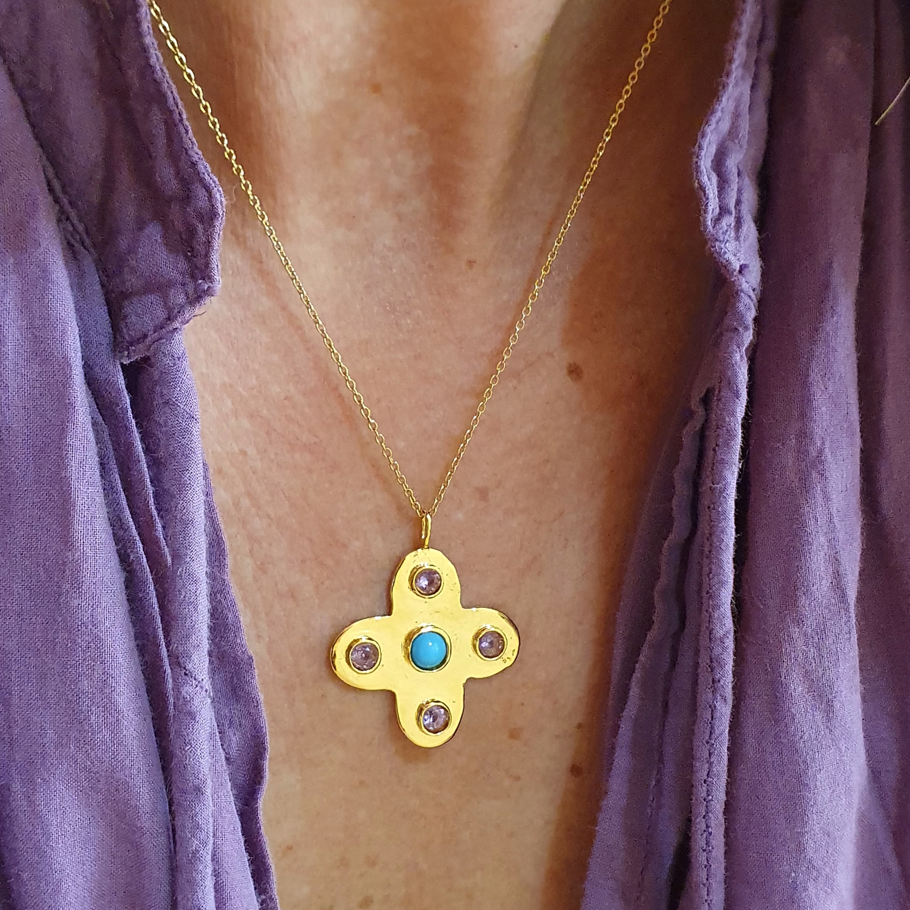 Collier croix améthyste turquoise