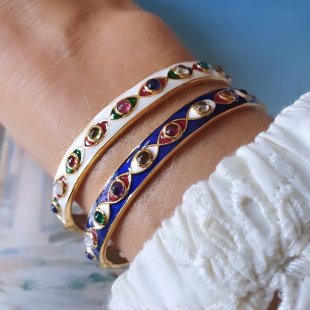 Bangle oeil émail bleu et bangle oeil émail ivoire