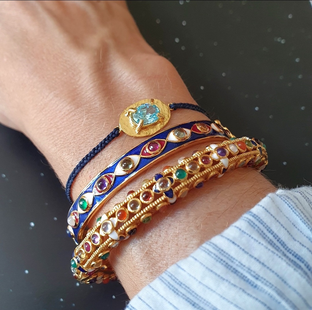 Bracelet Talisman topaze bleue, bangle oeil émail bleu, bangle Diana