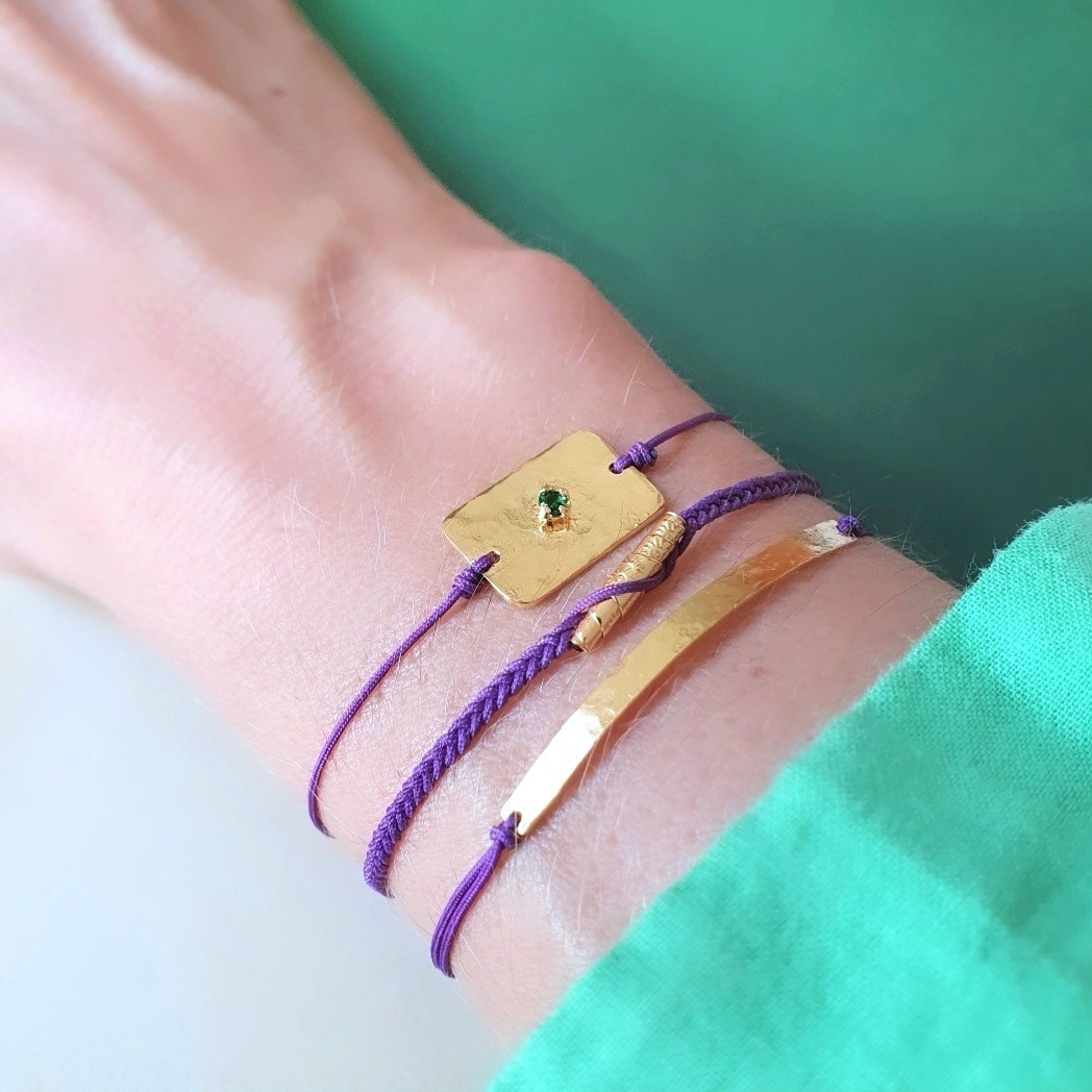 Bracelet Infini onyx vert, bracelet pépite cordon violet et bracelet barrette cordon violet