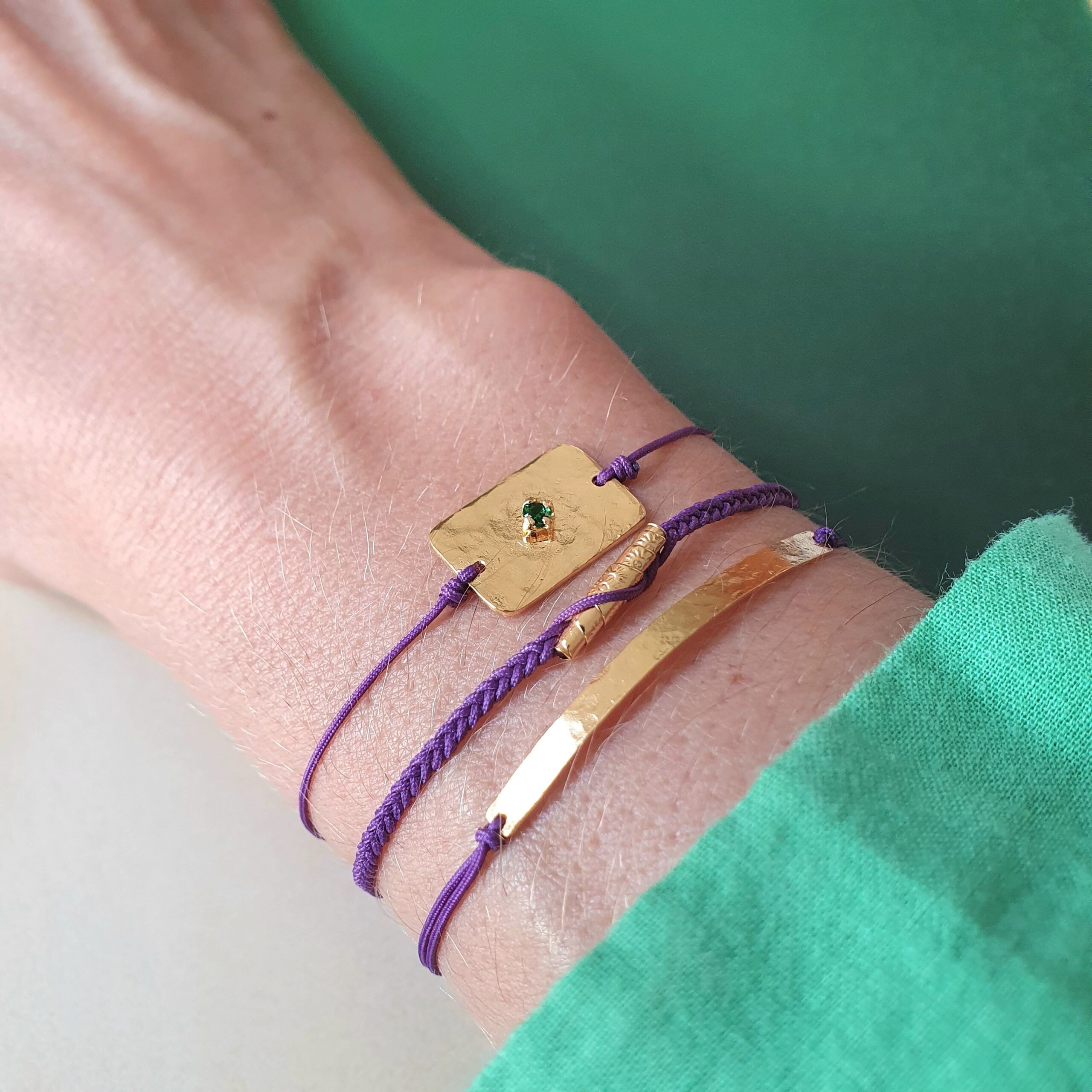 Bracelet Infini onyx vert, bracelet barrette cordon violet, bracelet pépite cordon violet