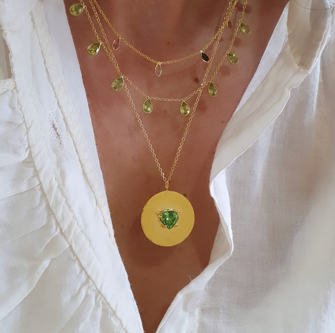 Collier pampilles tourmaline, collier pampilles péridot, collier Love péridot