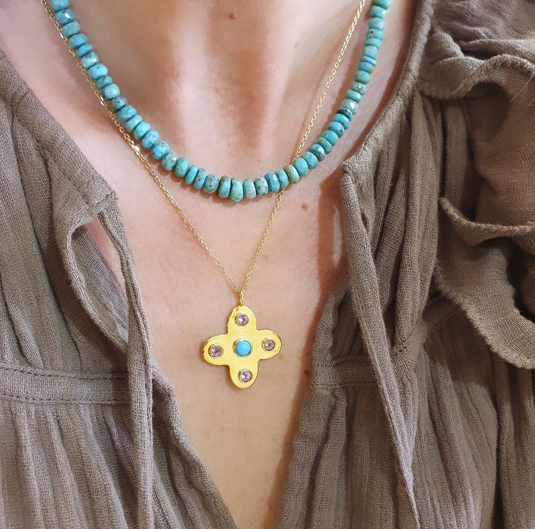 Collier croix améthyste turquoise et collier turquoise d'Arizona bleue