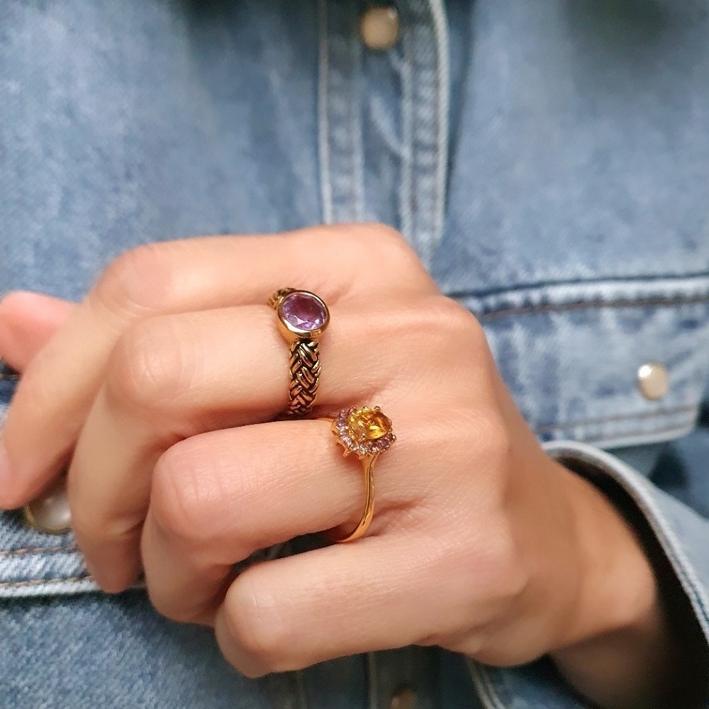 Bague tressée améthyste et bague Marguerite citrine et améthyste