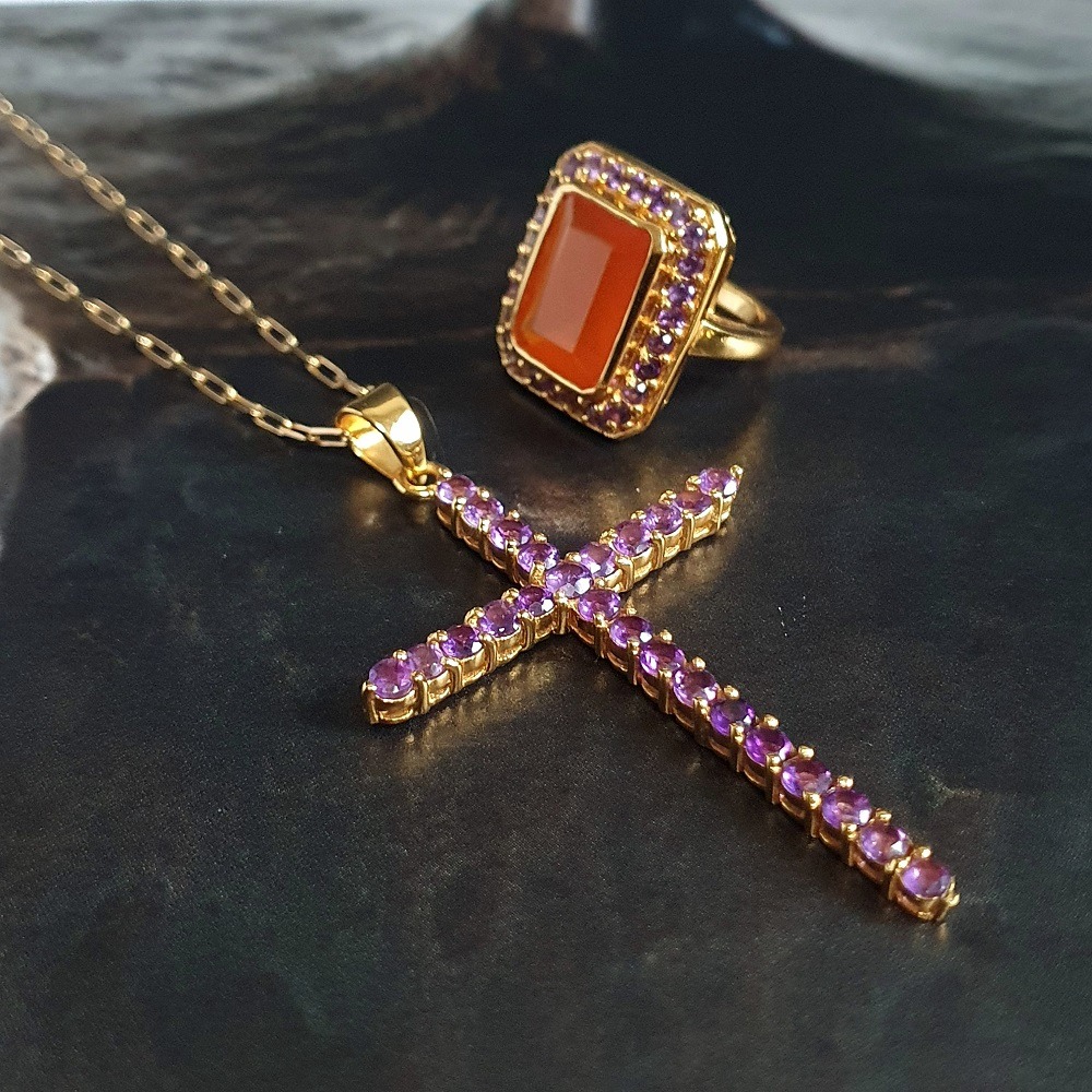 Collier croix améthyste, bague cornaline et améthyste